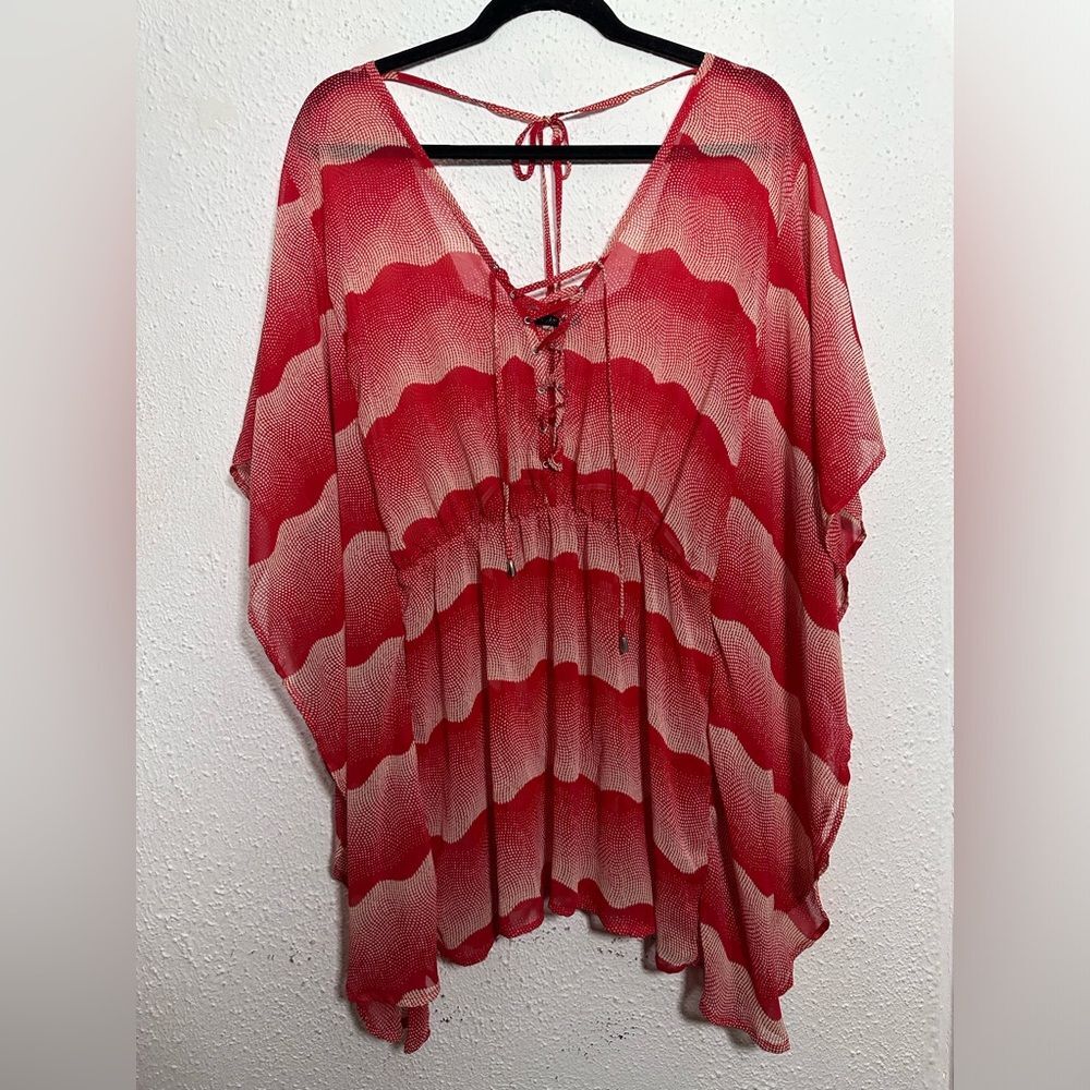 Vibrant Pure Sugar Red and Cream Lace-Up Boho Blouse